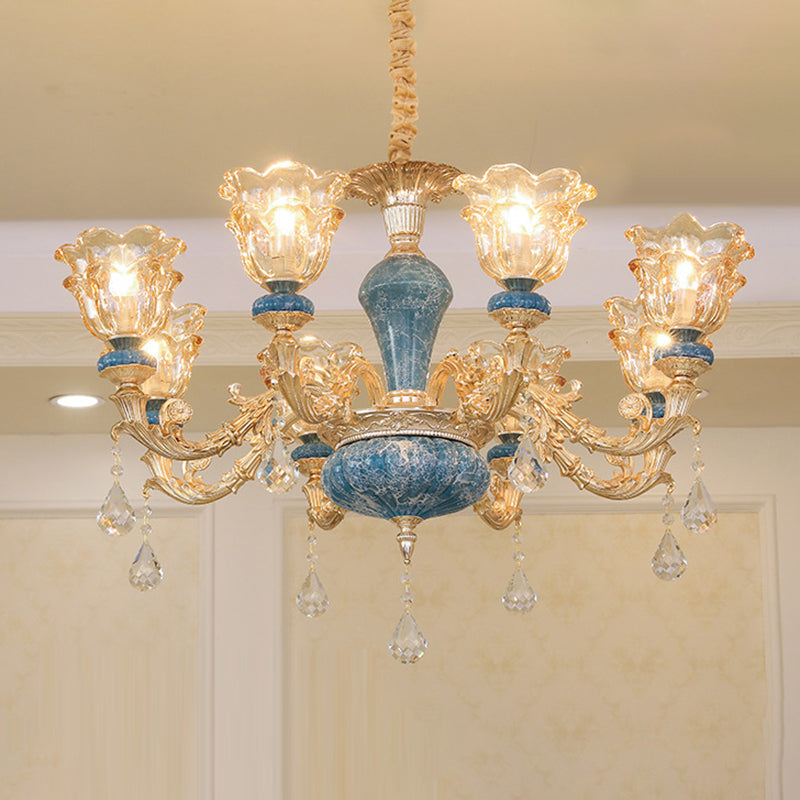 Ruffled Edge Living Room Chandelier Light Retro Handblown Glass Gold Pendant Light Fixture with Crystal Draping
