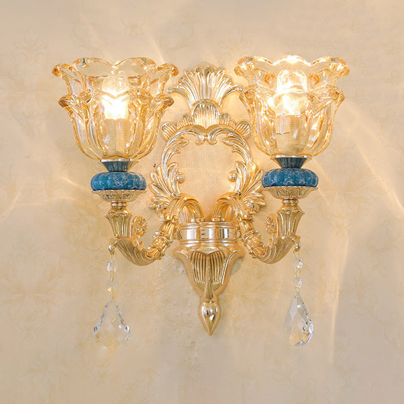 Ruffled Edge Living Room Chandelier Light Retro Handblown Glass Gold Pendant Light Fixture with Crystal Draping