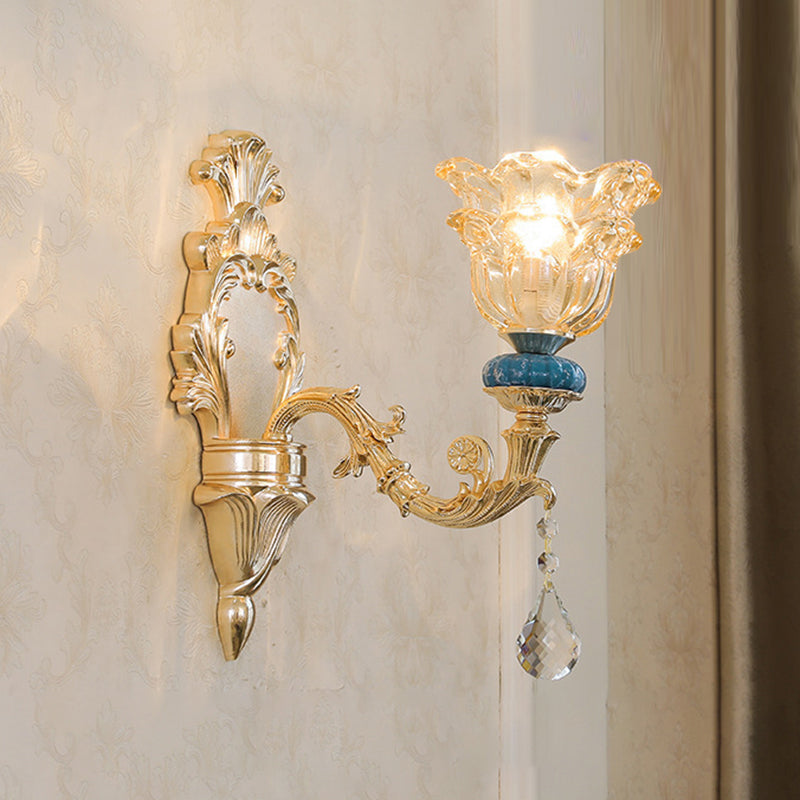 Ruffled Edge Living Room Chandelier Light Retro Handblown Glass Gold Pendant Light Fixture with Crystal Draping