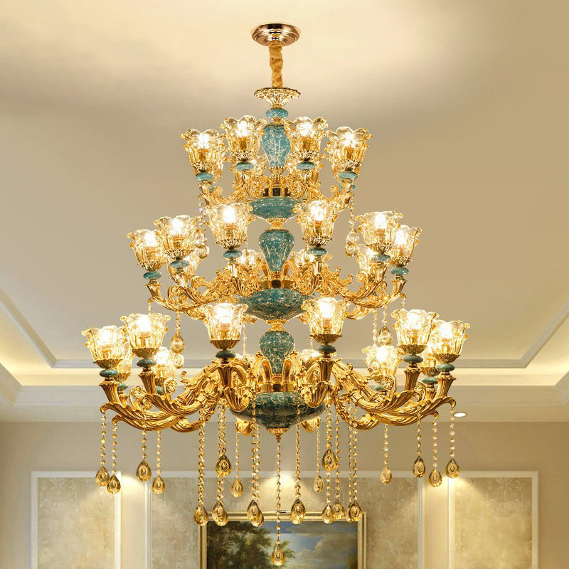 Ruffled Edge Living Room Chandelier Light Retro Handblown Glass Gold Pendant Light Fixture with Crystal Draping