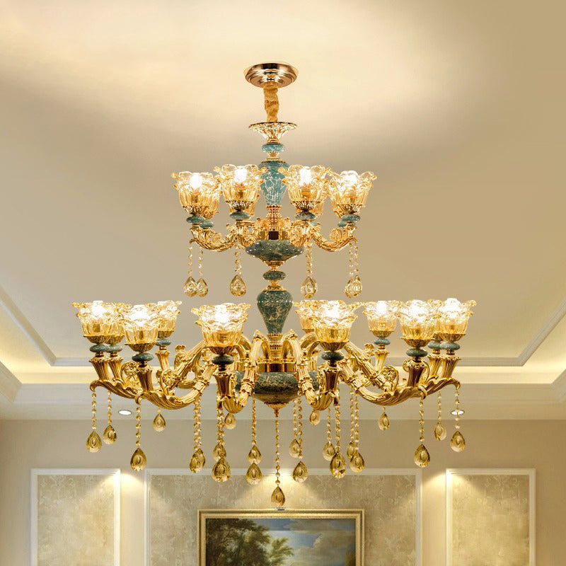 Ruffled Edge Living Room Chandelier Light Retro Handblown Glass Gold Pendant Light Fixture with Crystal Draping