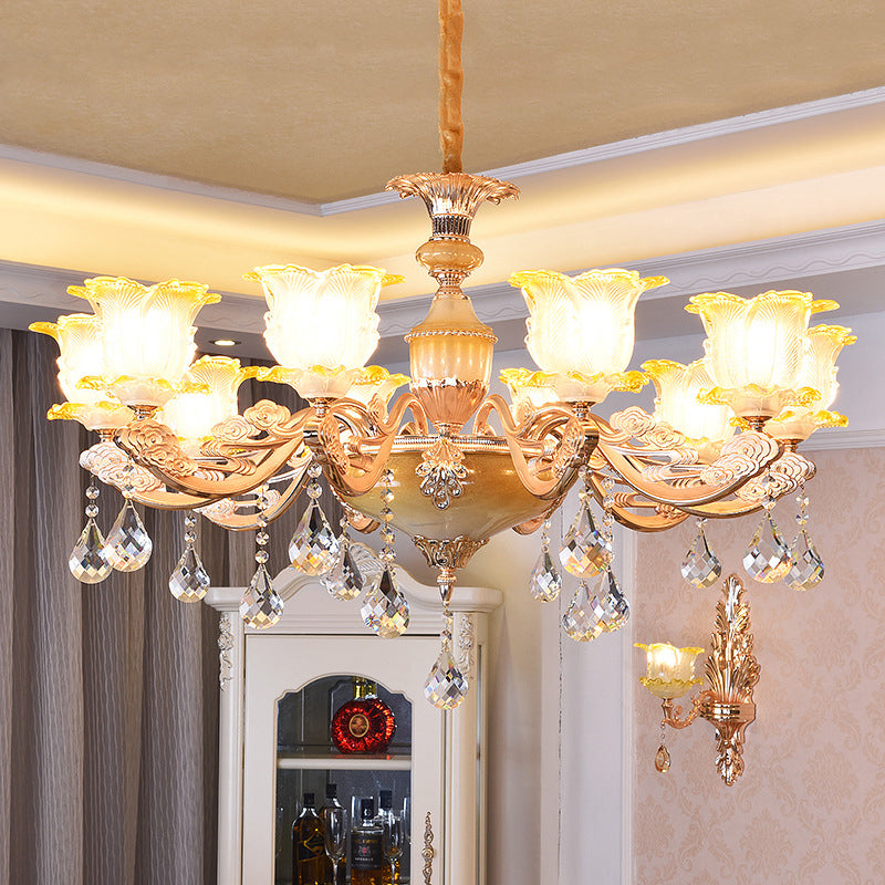Carved Glass Floral Suspension Light Retro Style Living Room Chandelier Light with Crystal Accent