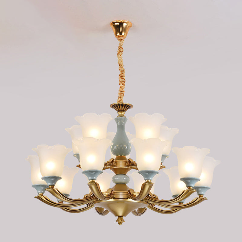 Frosted Glass Blue Chandelier Lighting Flared Classic Pendant Light with Ruffled Edge for Living Room