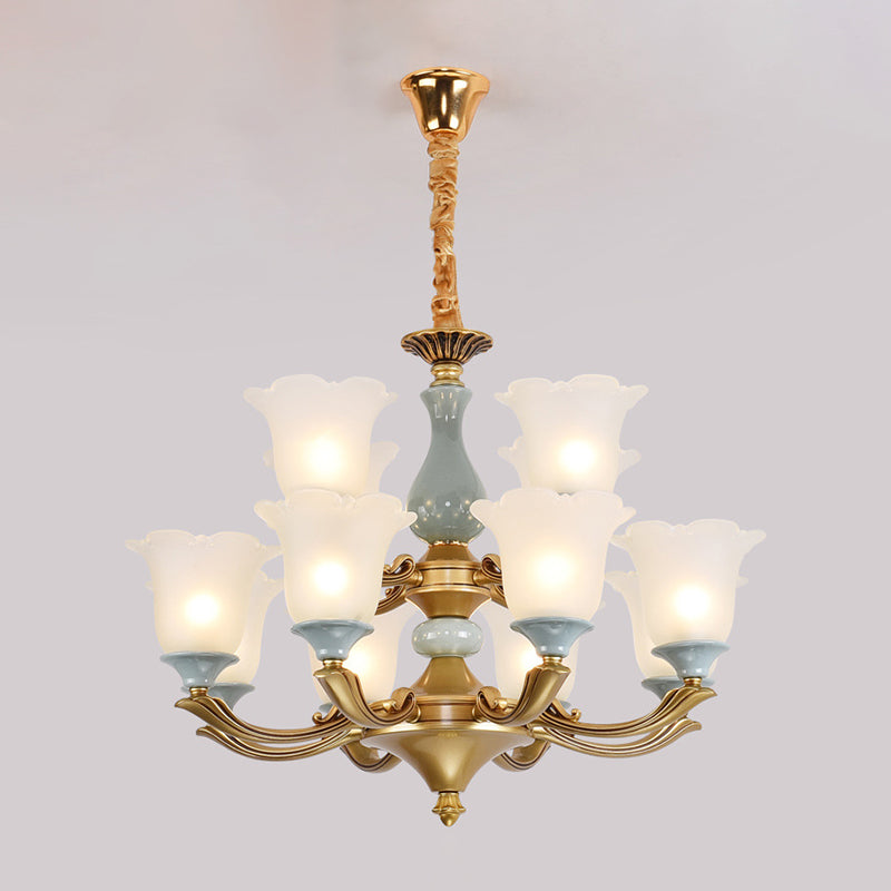 Frosted Glass Blue Chandelier Lighting Flared Classic Pendant Light with Ruffled Edge for Living Room