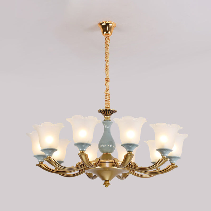 Frosted Glass Blue Chandelier Lighting Flared Classic Pendant Light with Ruffled Edge for Living Room