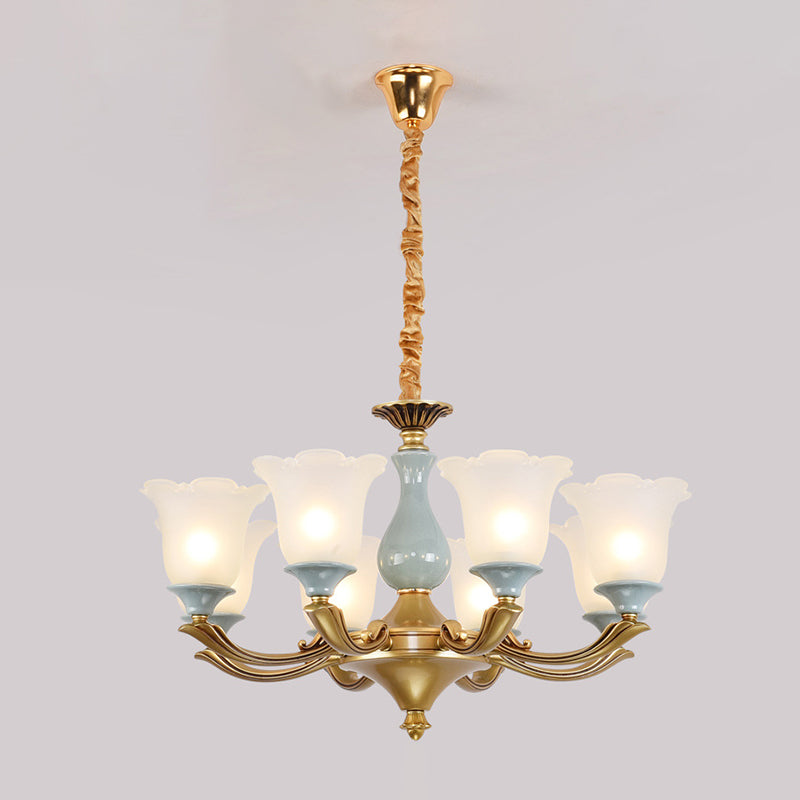 Frosted Glass Blue Chandelier Lighting Flared Classic Pendant Light with Ruffled Edge for Living Room