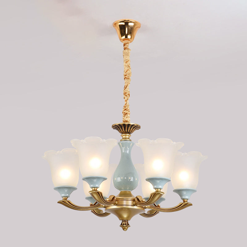 Frosted Glass Blue Chandelier Lighting Flared Classic Pendant Light with Ruffled Edge for Living Room