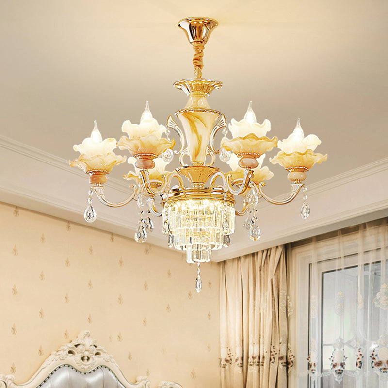 Gold Floral Ruffle Ceiling Lighting Traditional Jade Living Room Chandelier Light with Crystal Draping