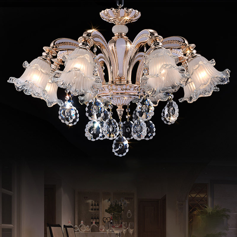 Lustre floral vintage Light Light Light Roubed Glass Hanging Light avec un accent en cristal