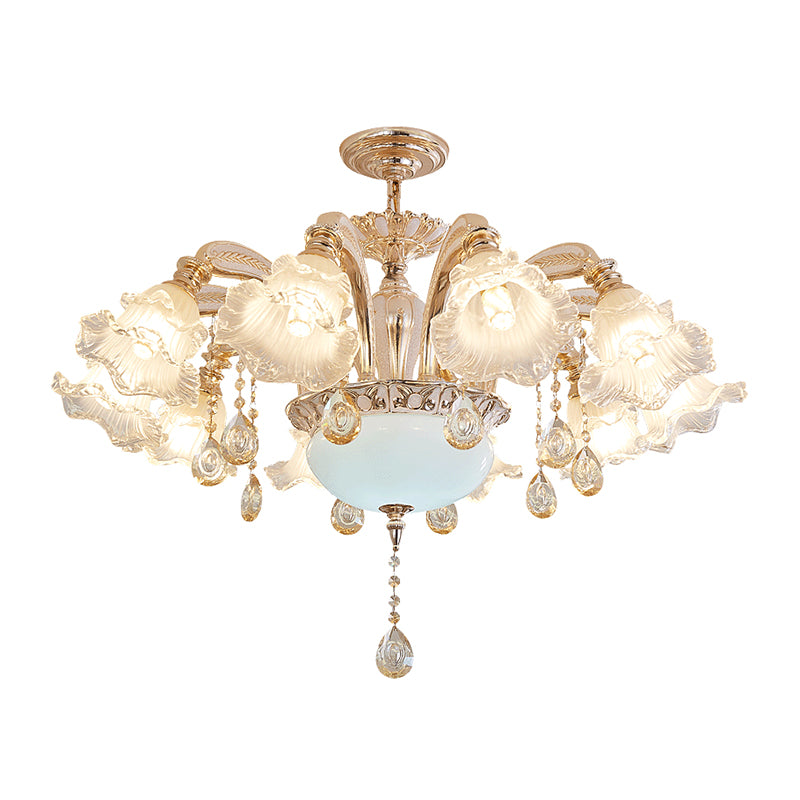 Lustre floral vintage Light Light Light Roubed Glass Hanging Light avec un accent en cristal