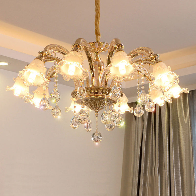 Ruffled Bell Textured Glass Chandelier Light Retro Living Room Hanging Light with Hanging Crystal in Gold