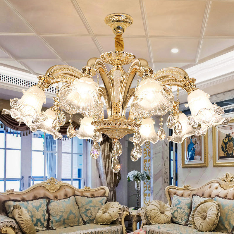 Ruffled Bell Textured Glass Chandelier Light Retro Living Room Hanging Light with Hanging Crystal in Gold