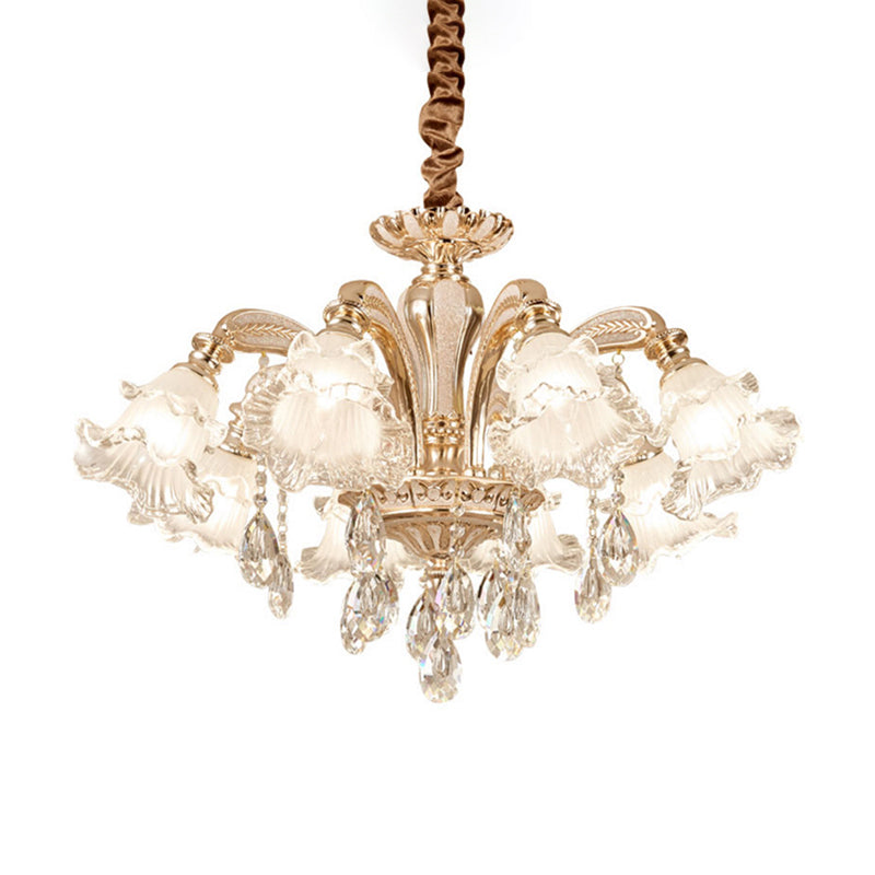 Ruffled Bell Textured Glass Chandelier Light Retro Living Room Hanging Light with Hanging Crystal in Gold