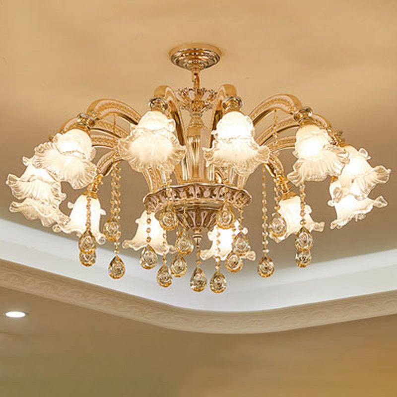 Ribbed Glass Ruffled Flower Suspension Light Retro Living Room Chandelier Light with Crystal Draping in Gold