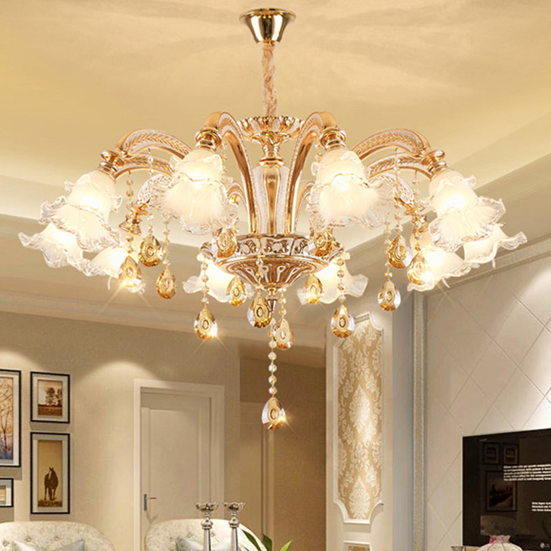 Ribbed Glass Ruffled Flower Suspension Light Retro Living Room Chandelier Light with Crystal Draping in Gold