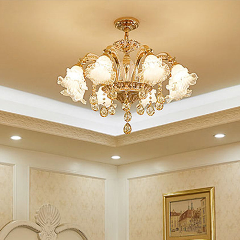 Ribbed Glass Ruffled Flower Suspension Light Retro Living Room Chandelier Light with Crystal Draping in Gold