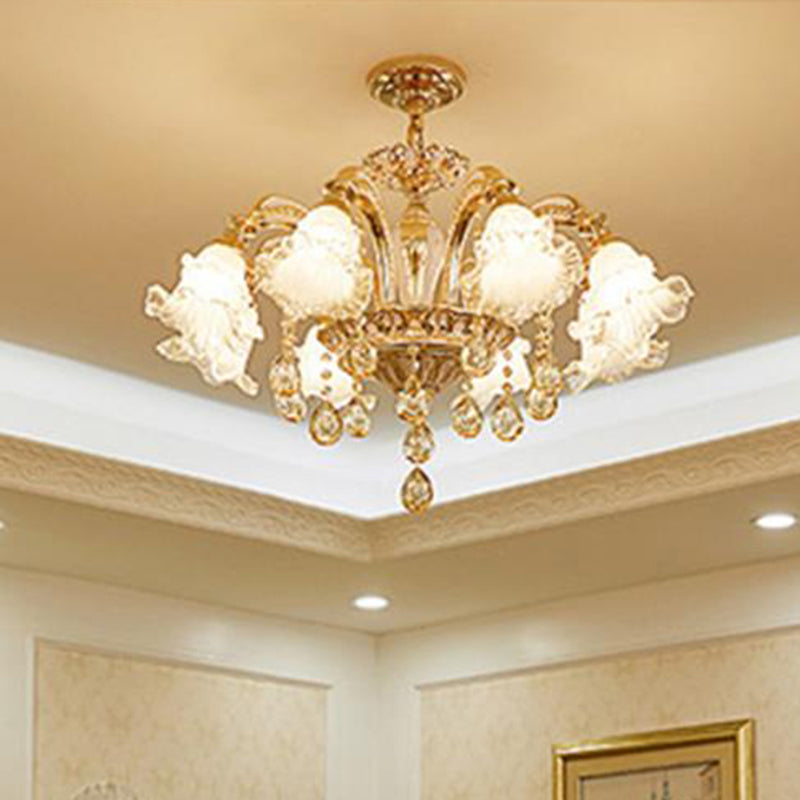 Ribbed Glass Ruffled Flower Suspension Light Retro Living Room Chandelier Light with Crystal Draping in Gold