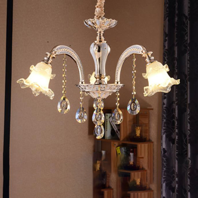 Ribbed Glass Ruffled Flower Suspension Light Retro Living Room Chandelier Light with Crystal Draping in Gold