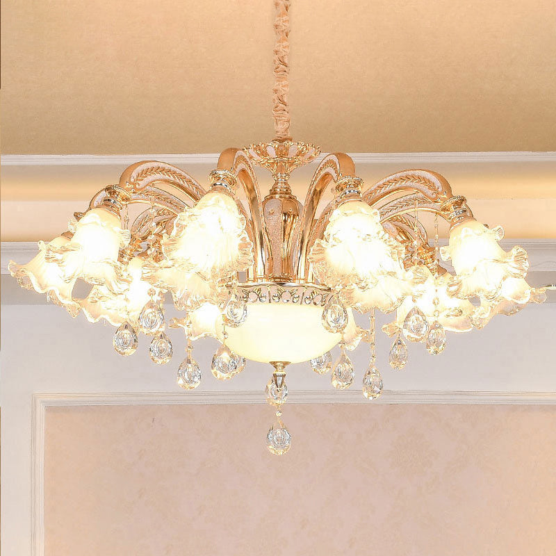 Ribbed Glass Ruffled Flower Suspension Light Retro Living Room Chandelier Light with Crystal Draping in Gold