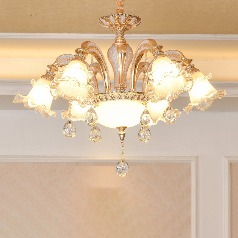 Ribbed Glass Ruffled Flower Suspension Light Retro Living Room Chandelier Light with Crystal Draping in Gold