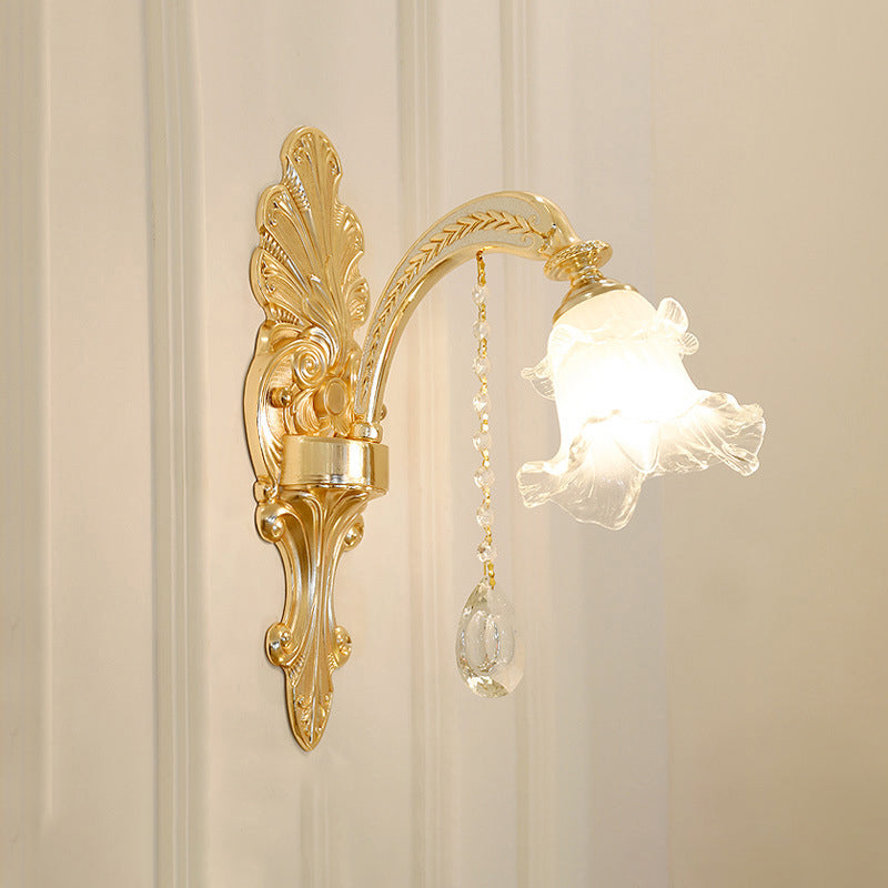 Flared Living Room Chandelier Lighting Classic Ruffle Glass Gold Pendant Light with Crystal Accent