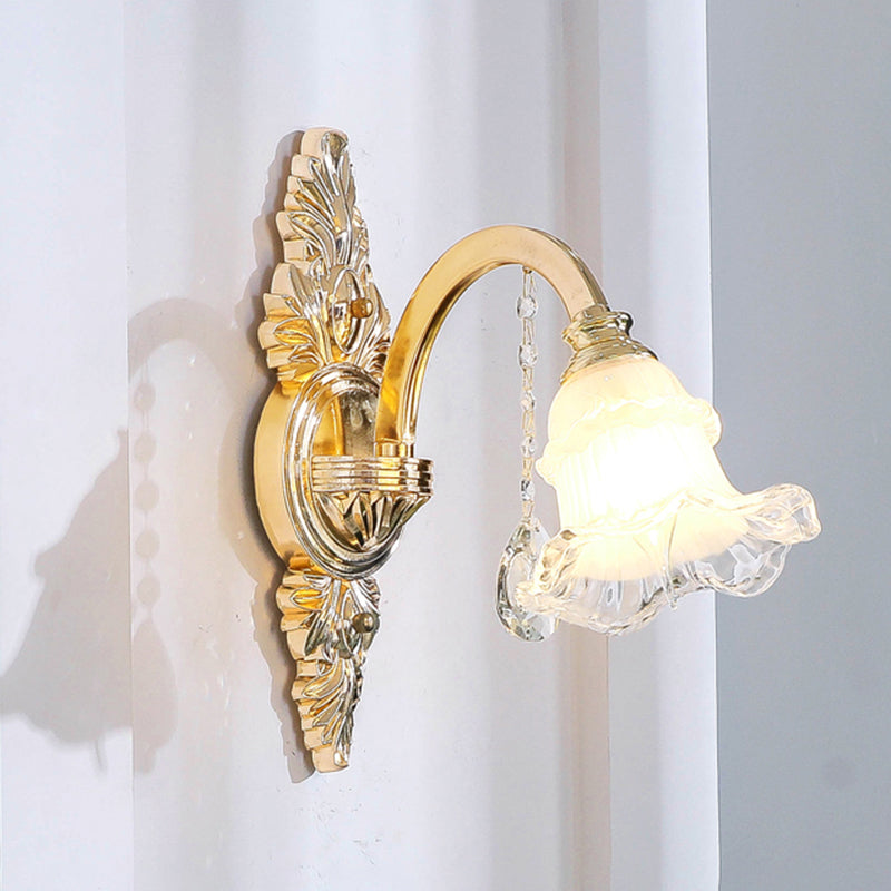 Gold Floral Shade Ceiling Lighting Traditional Ruffle Glass Living Room Chandelier Light with Crystal Draping