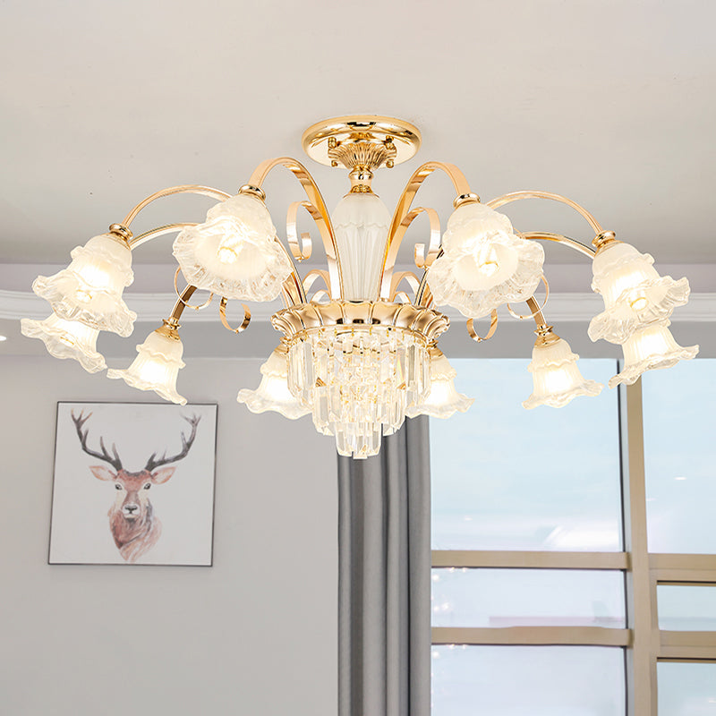 Retro Ruffled Bell Chandelier Light Clear Textured Glass Pendant Light Fixture with Tiered Crystal Accent