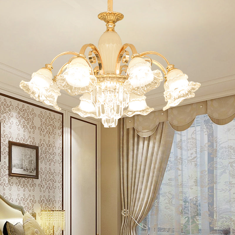 Retro Ruffled Bell Chandelier Light Clear Textured Glass Pendant Light Fixture with Tiered Crystal Accent