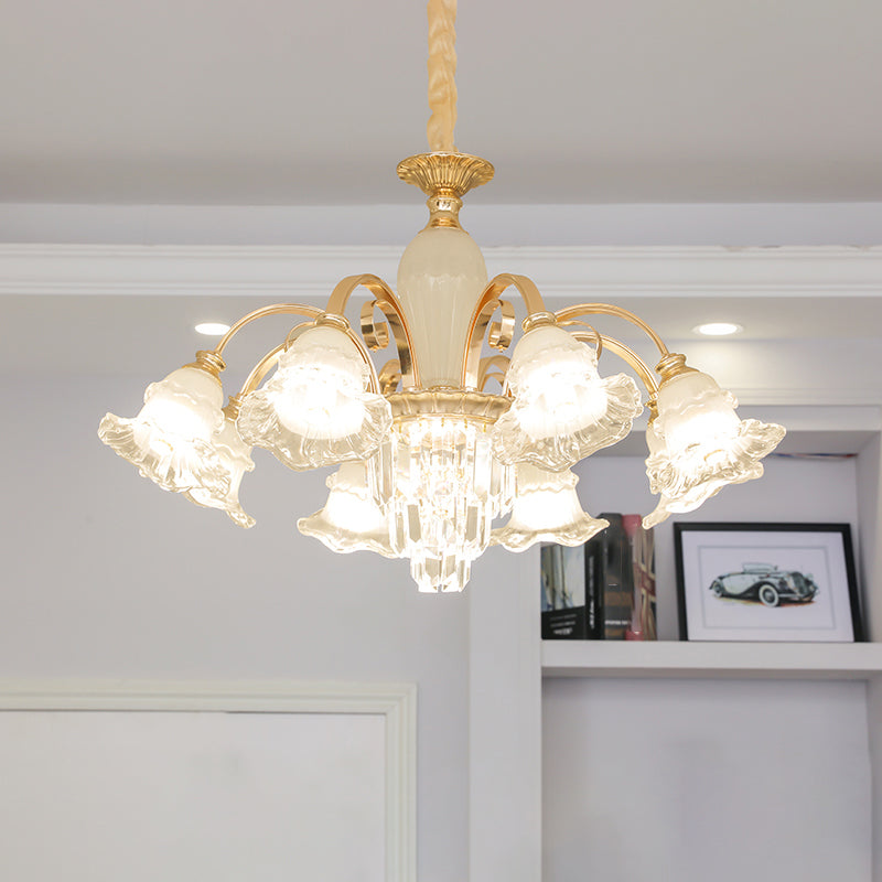 Retro Ruffled Bell Chandelier Light Clear Textured Glass Pendant Light Fixture with Tiered Crystal Accent