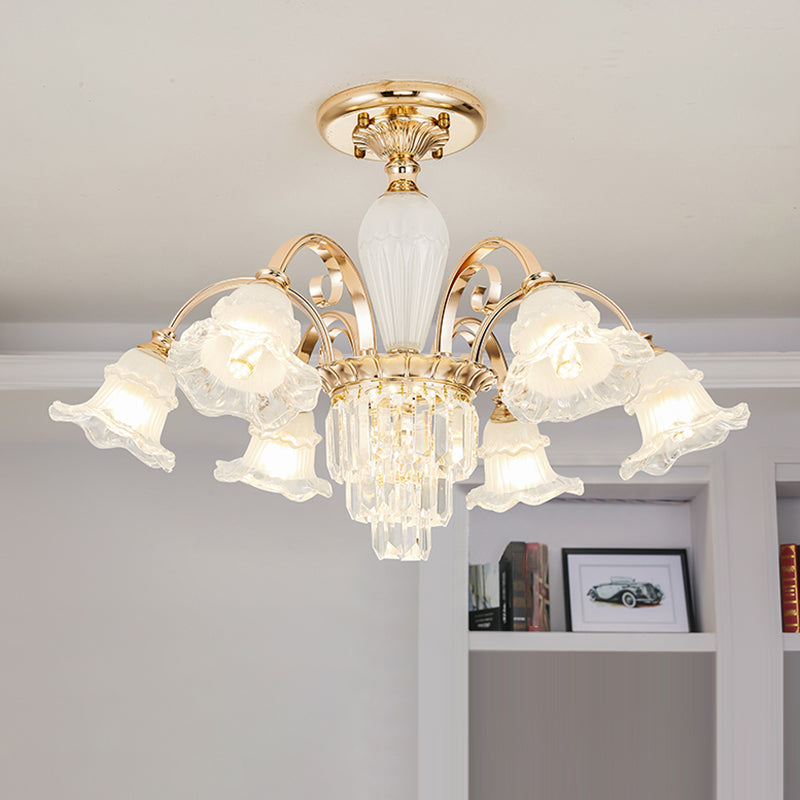 Retro Ruffled Bell Chandelier Light Clear Textured Glass Pendant Light Fixture with Tiered Crystal Accent