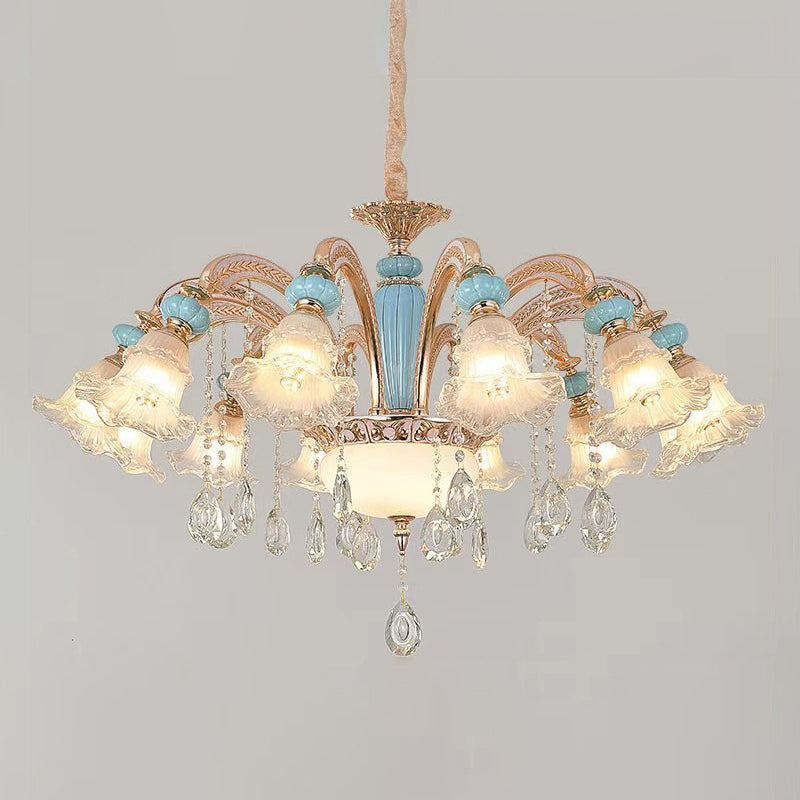 Textured Glass Blue Chandelier Pendant Light Flared Ruffle Vintage Hanging Light with Crystal Accent