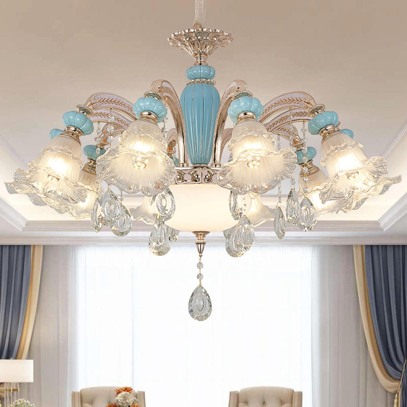 Textured Glass Blue Chandelier Pendant Light Flared Ruffle Vintage Hanging Light with Crystal Accent