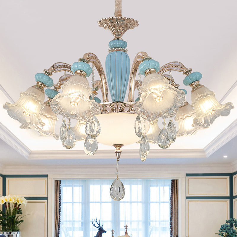 Textured Glass Blue Chandelier Pendant Light Flared Ruffle Vintage Hanging Light with Crystal Accent
