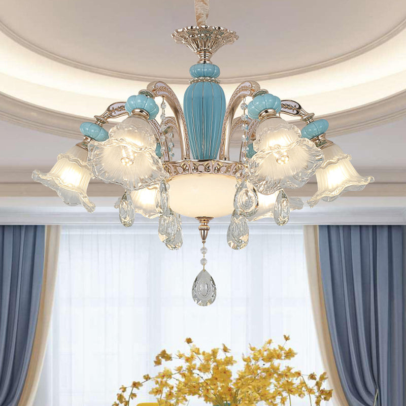Textured Glass Blue Chandelier Pendant Light Flared Ruffle Vintage Hanging Light with Crystal Accent