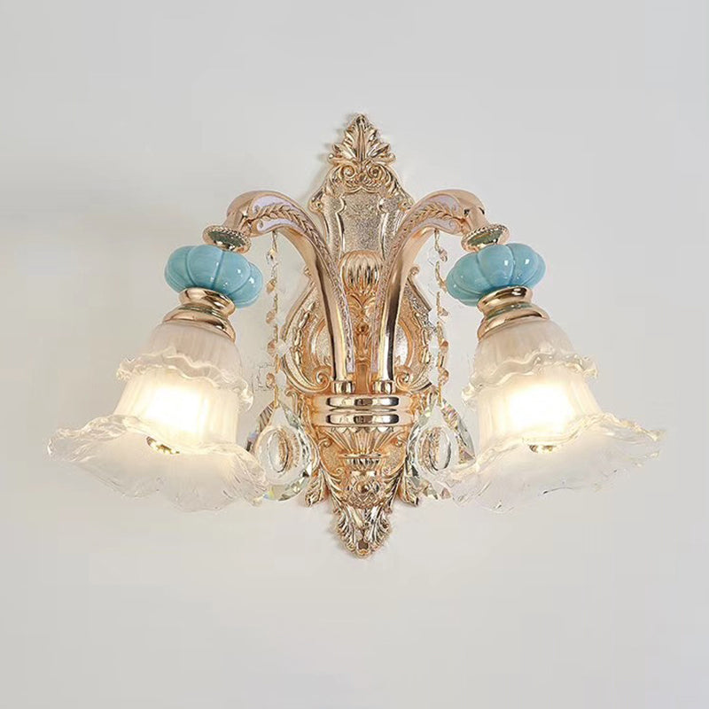Textured Glass Blue Chandelier Pendant Light Flared Ruffle Vintage Hanging Light with Crystal Accent