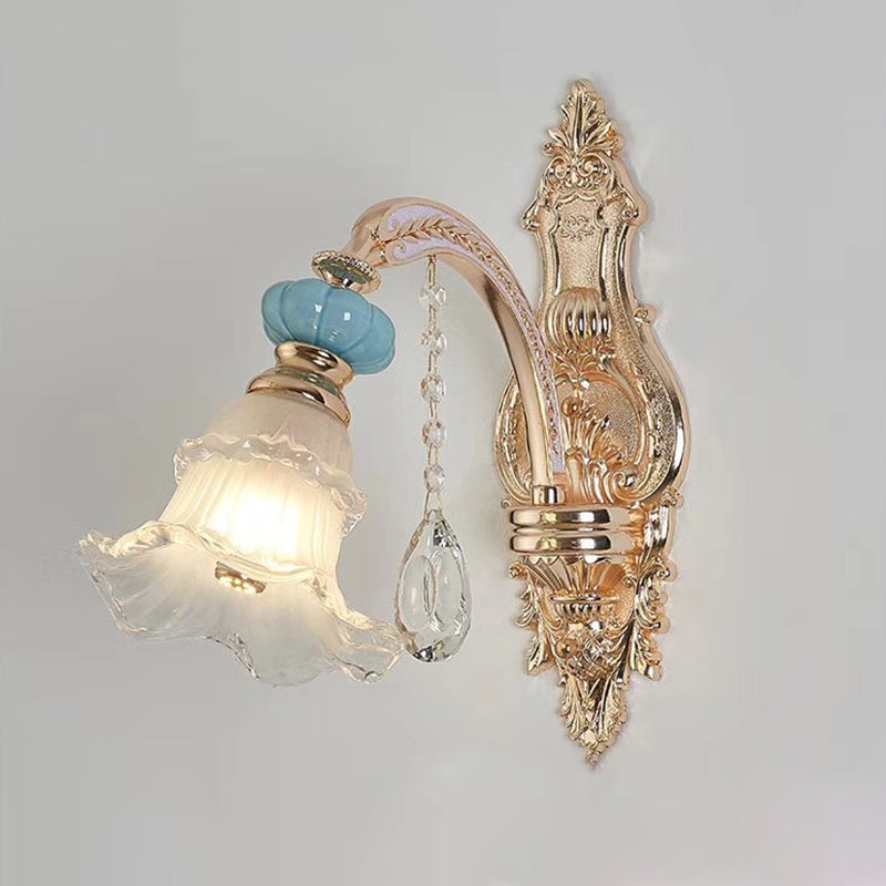 Textured Glass Blue Chandelier Pendant Light Flared Ruffle Vintage Hanging Light with Crystal Accent