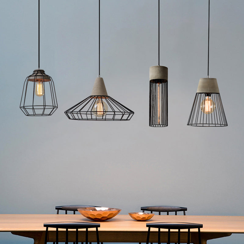Caged Dining Room Suspension Light Metallic Single Minimalist Pendant Light with Cement Top in Grey