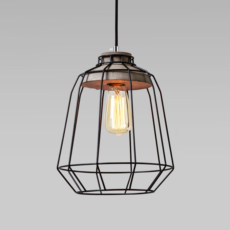 Caged Dining Room Suspension Light Metallic Single Minimalist Pendant Light with Cement Top in Grey