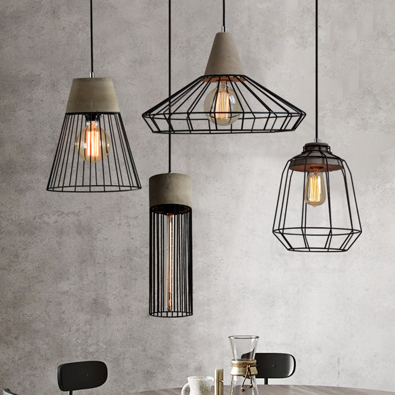 Caged Dining Room Suspension Light Metallic Single Minimalist Pendant Light with Cement Top in Grey