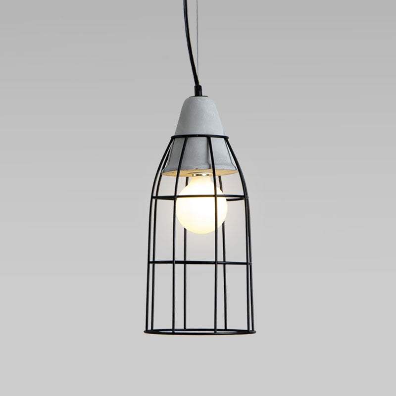 Caged Dining Room Suspension Light Metallic Single Minimalist Pendant Light with Cement Top in Grey