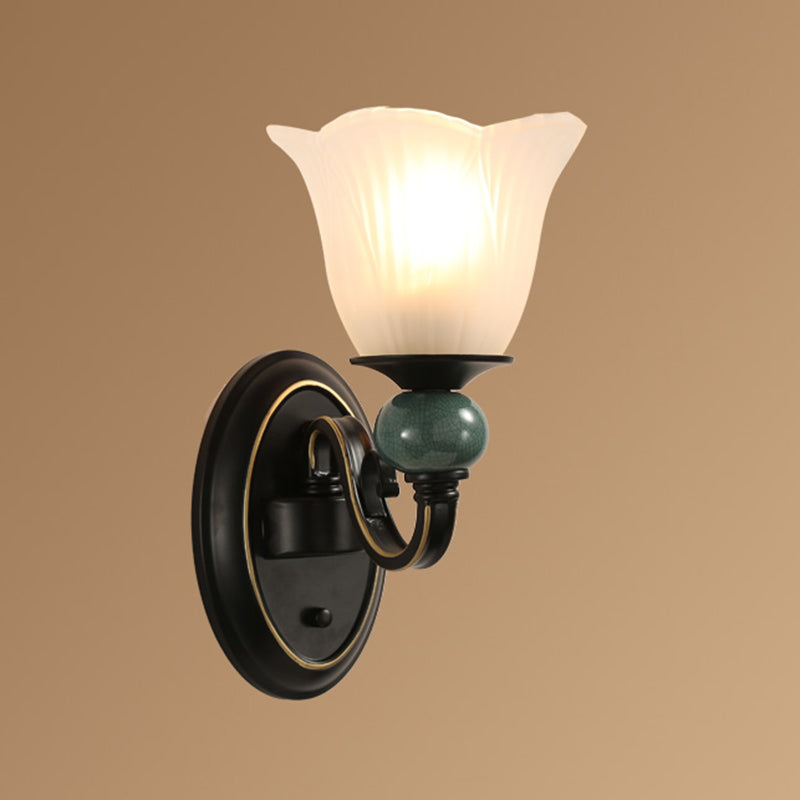 Ribbed Glass Floral Wall Lighting Retro Style Living Room Wall Mount Light in Black