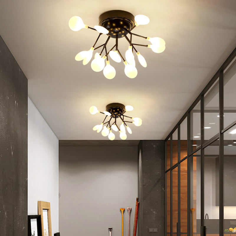 Simplistic Tree Branch LED Semi Flush Mount Metallic Living Room Close To Ceiling Chandelier in Black