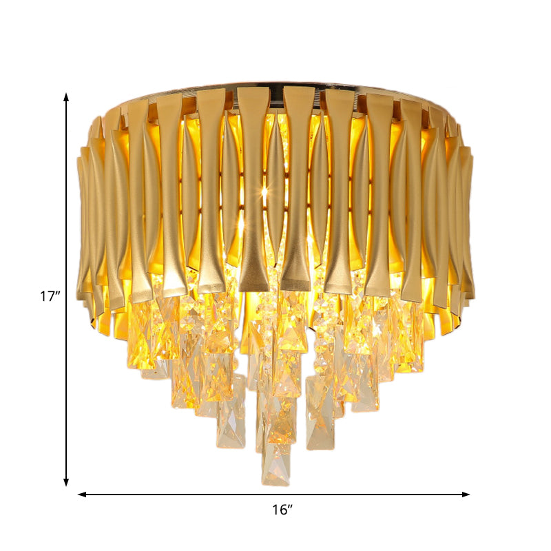 Drum Ceiling Light Fixture Modern Metal Shade 5 Lights Brass Flush Mount Light with Crystal Block Drop