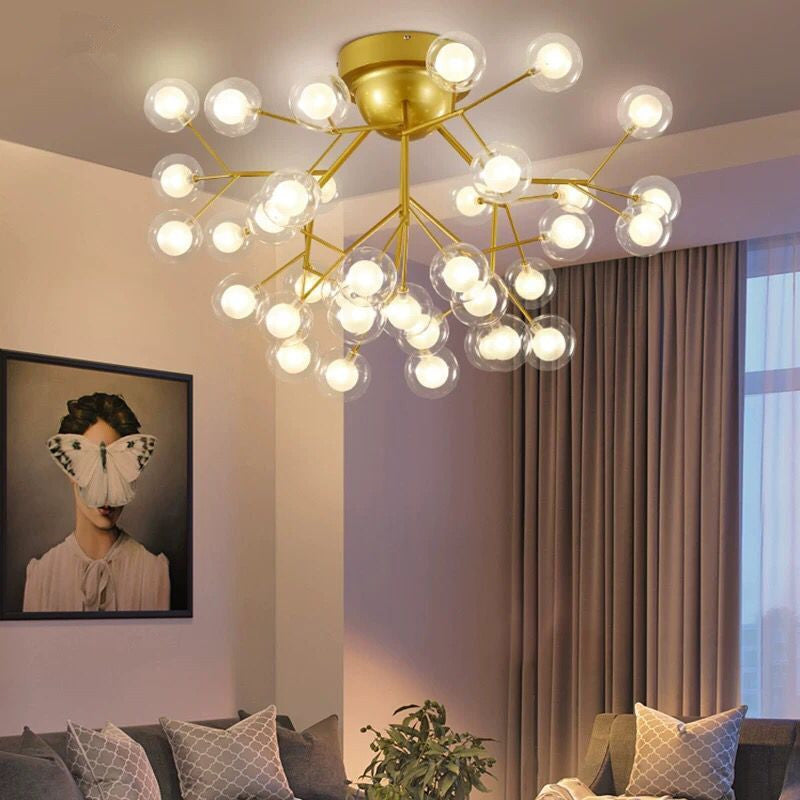 Nordic Firefly LED Semi Flush Light Glass Eetkamer Flush Mount Plafond Kroonluchter in goud