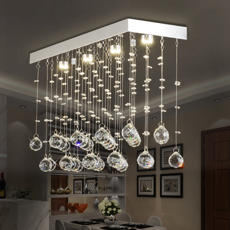 Rectangular Flush Mount Light Modern Faceted Crystal Ball 4 Lights Silver Ceiling Light for Dining Room, 23.5"/31.5"/39" Wide