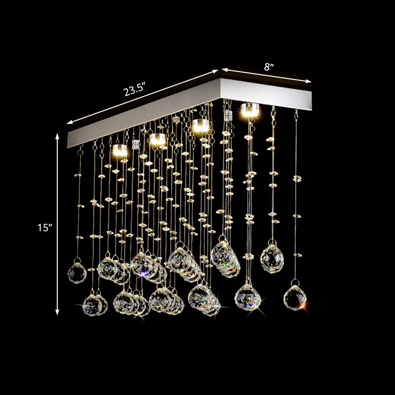 Rectangular Flush Mount Light Modern Faceted Crystal Ball 4 Lights Silver Ceiling Light for Dining Room, 23.5"/31.5"/39" Wide