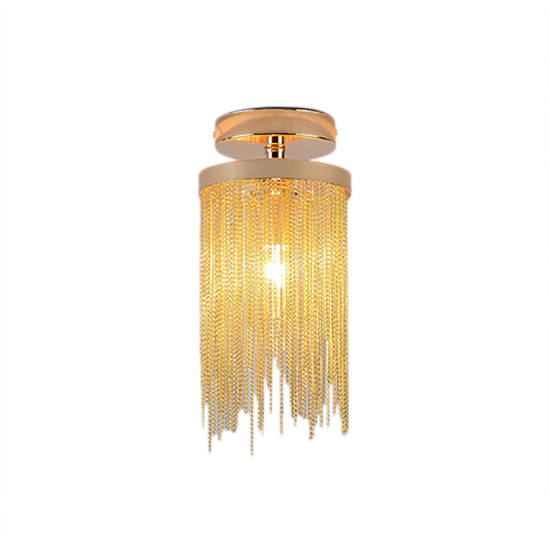 Cylinder Semi Flush Mount Light Modern Crystal Strand 1 Light Blue/Green/Chrome Ceiling Light