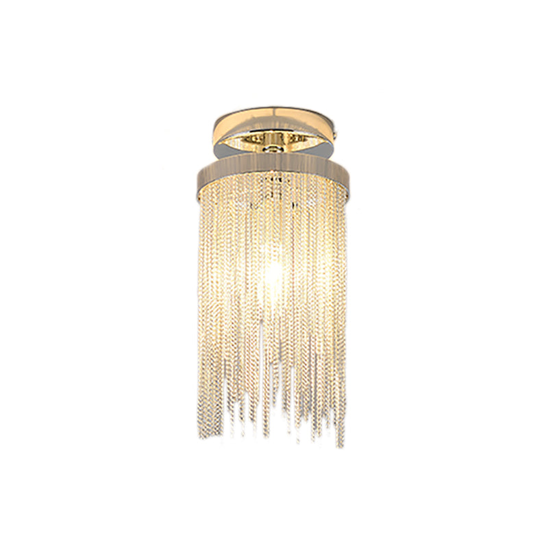 Cylinder Semi Flush Mount Light Modern Crystal Strand 1 Light Blue/Green/Chrome Ceiling Light