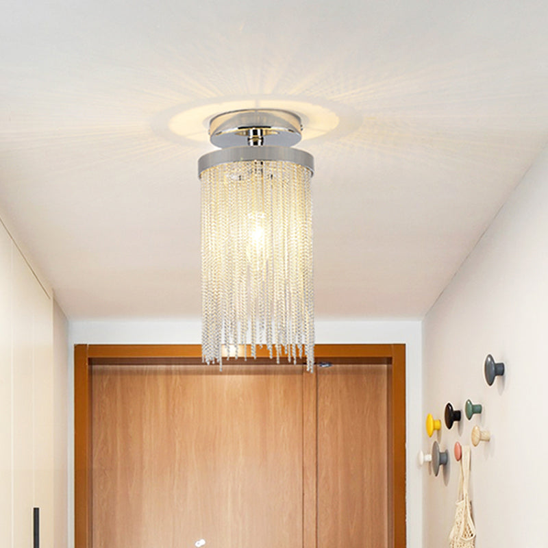 Cylinder Semi Flush Mount Light Modern Crystal Strand 1 Light Blue/Green/Chrome Ceiling Light