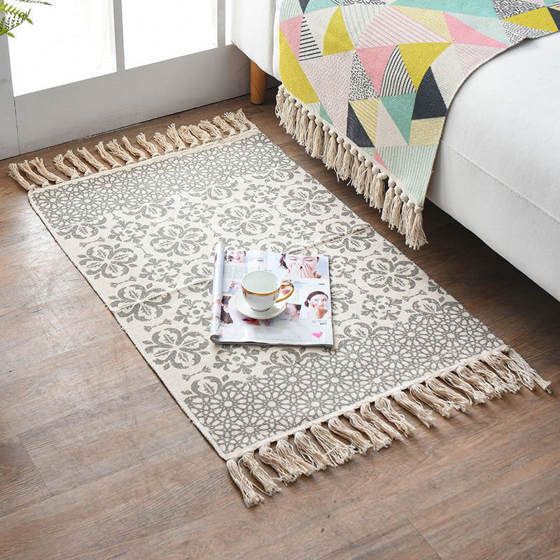 Retro Multi Color Moroccan Rug Cotton Blend Tribal Symbols Carpet Machine Washable Rug with Tassel for Room